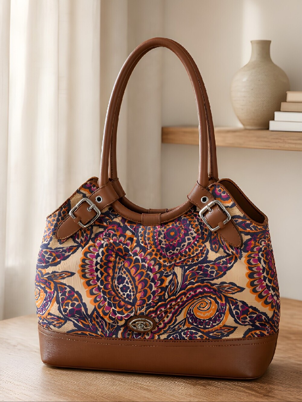 Relic Brown Trim Floral Paisley Shoulder Bag with Purple and Orange Accents